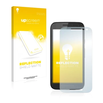 Face avant d’un emballage produit avec le logo de la marque upscreen. À côté, l’appareil Motorola Moto G 3rd 2015 est représen