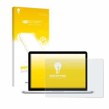 Face avant d’un emballage produit avec le logo de la marque upscreen. À côté, l’appareil Apple MacBook Retina Pro 13