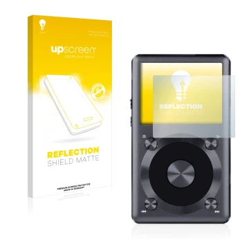 Face avant d’un emballage produit avec le logo de la marque upscreen. À côté, l’appareil FiiO X3 II est représenté avec la pro