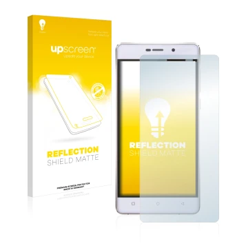 Face avant d’un emballage produit avec le logo de la marque upscreen. À côté, l’appareil Gionee Marathon M4 est représenté ave