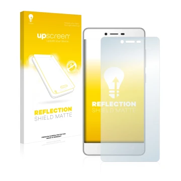 Face avant d’un emballage produit avec le logo de la marque upscreen. À côté, l’appareil Gionee F103 est représenté avec la pr