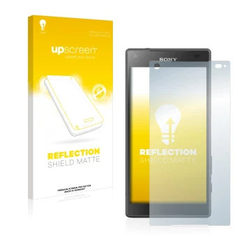 Face avant d’un emballage produit avec le logo de la marque upscreen. À côté, l’appareil Sony Xperia Z5 Compact est représenté
