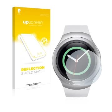 Face avant d’un emballage produit avec le logo de la marque upscreen. À côté, l’appareil Samsung Gear S2 est représenté avec l