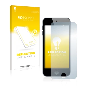 Face avant d’un emballage produit avec le logo de la marque upscreen. À côté, l’appareil Apple iPod Touch (6ème Gen.) est repr