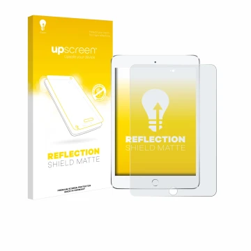 Face avant d’un emballage produit avec le logo de la marque upscreen. À côté, l’appareil Apple iPad Mini 4 2015 est représenté