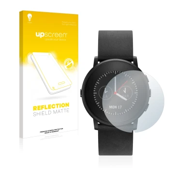 Face avant d’un emballage produit avec le logo de la marque upscreen. À côté, l’appareil Pebble Time Round est représenté avec
