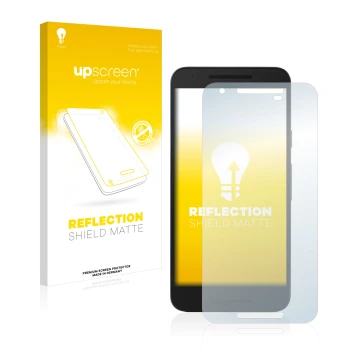 Face avant d’un emballage produit avec le logo de la marque upscreen. À côté, l’appareil Google Nexus 5X est représenté avec l