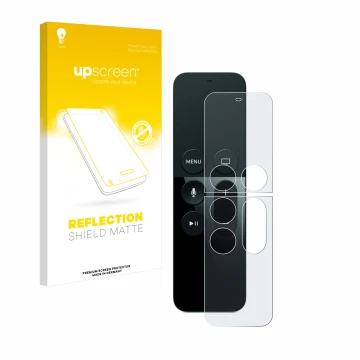 Face avant d’un emballage produit avec le logo de la marque upscreen. À côté, l’appareil Apple Remote Control Apple TV 4 est r