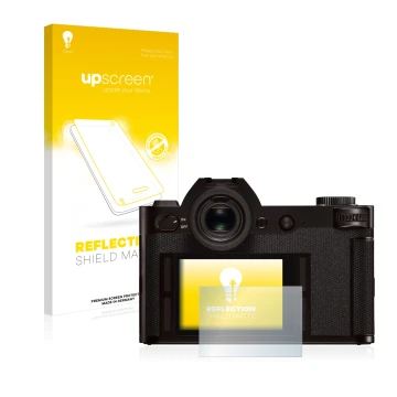 Face avant d’un emballage produit avec le logo de la marque upscreen. À côté, l’appareil Leica SL (Typ 601) est représenté ave