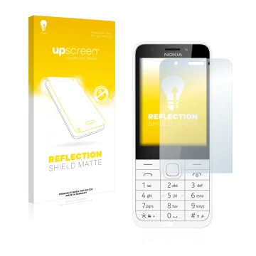 Face avant d’un emballage produit avec le logo de la marque upscreen. À côté, l’appareil Nokia 230 est représenté avec la prot