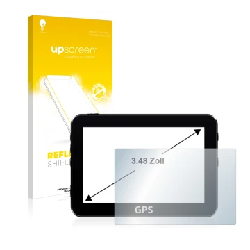 Face avant d’un emballage produit avec le logo de la marque upscreen. À côté, l’appareil est représenté avec la protection d’é