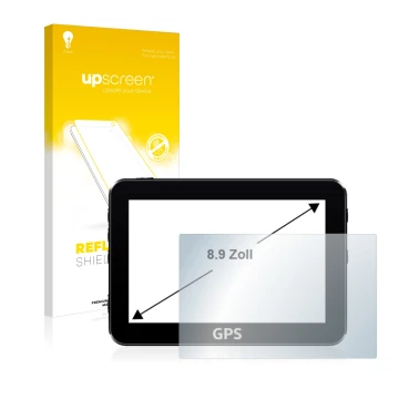 Face avant d’un emballage produit avec le logo de la marque upscreen. À côté, l’appareil est représenté avec la protection d’é