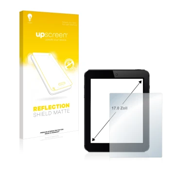 Face avant d’un emballage produit avec le logo de la marque upscreen. À côté, l’appareil est représenté avec la protection d’é