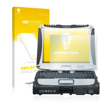 Face avant d’un emballage produit avec le logo de la marque upscreen. À côté, l’appareil Panasonic Toughbook CF-19 est représe