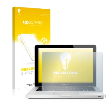 Face avant d’un emballage produit avec le logo de la marque upscreen. À côté, l’appareil Apple MacBook Pro 13