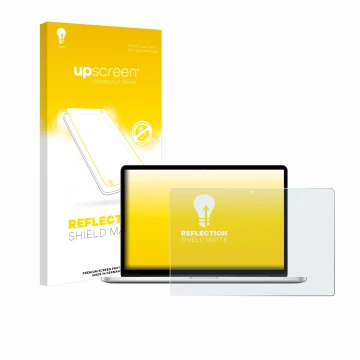 Face avant d’un emballage produit avec le logo de la marque upscreen. À côté, l’appareil Apple MacBook Pro Retina 15
