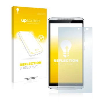 Face avant d’un emballage produit avec le logo de la marque upscreen. À côté, l’appareil Lenovo Vibe X3 (caméra à droite uniqu
