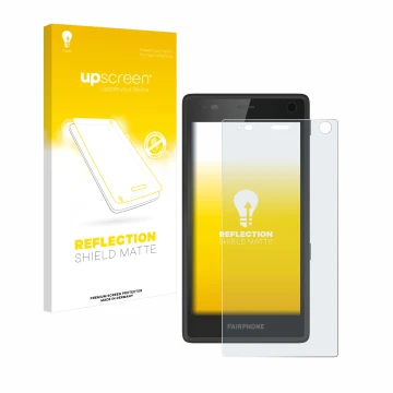 Face avant d’un emballage produit avec le logo de la marque upscreen. À côté, l’appareil Fairphone 2 est représenté avec la pr