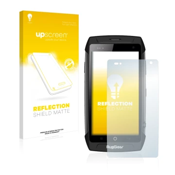 Face avant d’un emballage produit avec le logo de la marque upscreen. À côté, l’appareil RugGear RG730 est représenté avec la 