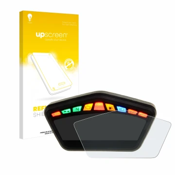 Face avant d’un emballage produit avec le logo de la marque upscreen. À côté, l’appareil Ducati Hypermotard 821 2015 Affichage