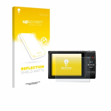 Face avant d’un emballage produit avec le logo de la marque upscreen. À côté, l’appareil Canon Digital Ixus 285 hs est représe