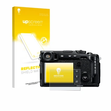 Face avant d’un emballage produit avec le logo de la marque upscreen. À côté, l’appareil Fujifilm X-Pro2 est représenté avec l