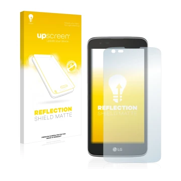 Face avant d’un emballage produit avec le logo de la marque upscreen. À côté, l’appareil LG Tribute 5 est représenté avec la p