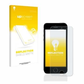 Face avant d’un emballage produit avec le logo de la marque upscreen. À côté, l’appareil Apple iPhone SE 2016 est représenté a