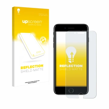 Face avant d’un emballage produit avec le logo de la marque upscreen. À côté, l’appareil Apple iPhone 7 Plus est représenté av