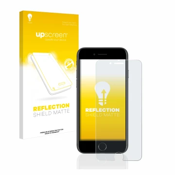 Face avant d’un emballage produit avec le logo de la marque upscreen. À côté, l’appareil Apple iPhone 7 est représenté avec la