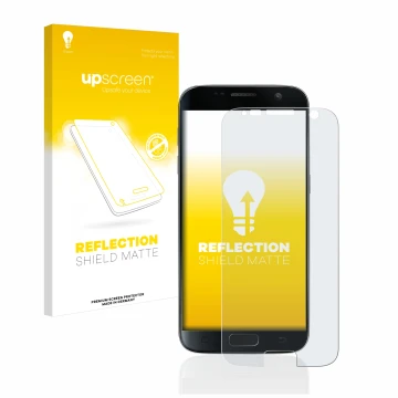 Face avant d’un emballage produit avec le logo de la marque upscreen. À côté, l’appareil Samsung Galaxy S7 est représenté avec