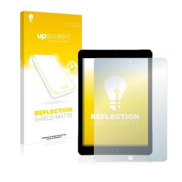 Face avant d’un emballage produit avec le logo de la marque upscreen. À côté, l’appareil Apple iPad Pro 9.7