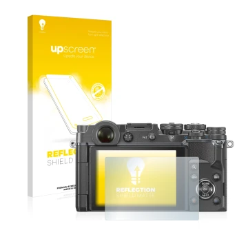 Face avant d’un emballage produit avec le logo de la marque upscreen. À côté, l’appareil Olympus PEN-F est représenté avec la 