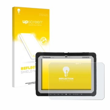 Face avant d’un emballage produit avec le logo de la marque upscreen. À côté, l’appareil Panasonic Toughbook CF-20 MK1 est rep