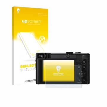 Face avant d’un emballage produit avec le logo de la marque upscreen. À côté, l’appareil Panasonic Lumix DMC-TZ80 est représen