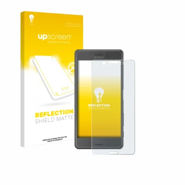 Face avant d’un emballage produit avec le logo de la marque upscreen. À côté, l’appareil Sony Xperia X Performance est représe