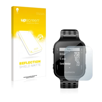 Face avant d’un emballage produit avec le logo de la marque upscreen. À côté, l’appareil Garmin Approach S20 est représenté av