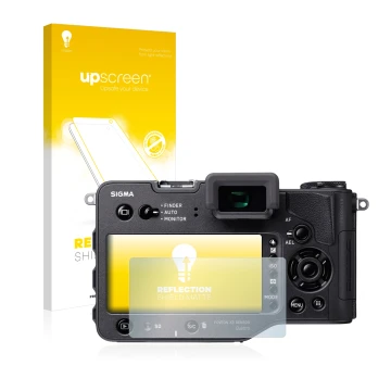 Face avant d’un emballage produit avec le logo de la marque upscreen. À côté, l’appareil Sigma SD Quattro est représenté avec 