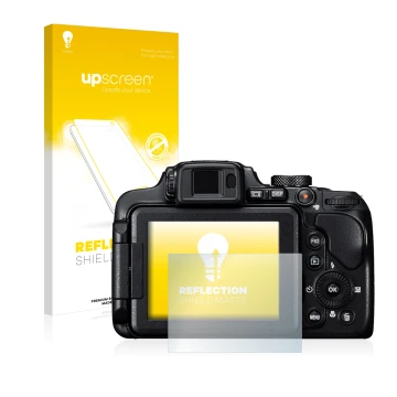 Face avant d’un emballage produit avec le logo de la marque upscreen. À côté, l’appareil Nikon Coolpix B700 est représenté ave