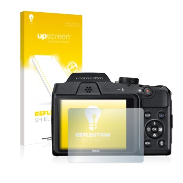 Face avant d’un emballage produit avec le logo de la marque upscreen. À côté, l’appareil Nikon Coolpix B500 est représenté ave
