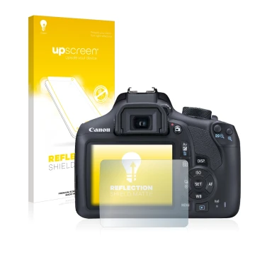 Face avant d’un emballage produit avec le logo de la marque upscreen. À côté, l’appareil Canon EOS 1300D est représenté avec l