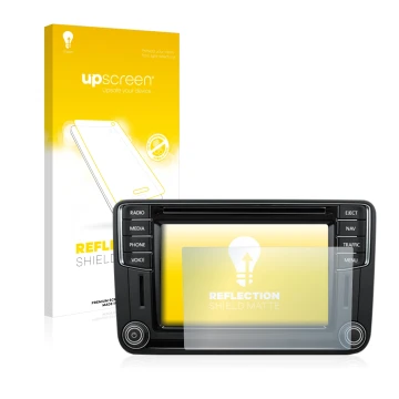 Face avant d’un emballage produit avec le logo de la marque upscreen. À côté, l’appareil Volkswagen T6 2016 Discover Media Plu