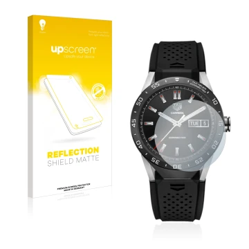 Face avant d’un emballage produit avec le logo de la marque upscreen. À côté, l’appareil TAG Heuer Connected 46 est représenté