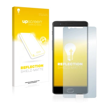 Face avant d’un emballage produit avec le logo de la marque upscreen. À côté, l’appareil OnePlus 3 est représenté avec la prot