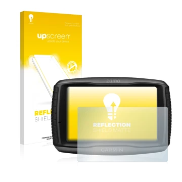 Face avant d’un emballage produit avec le logo de la marque upscreen. À côté, l’appareil Garmin zumo 595LM est représenté avec