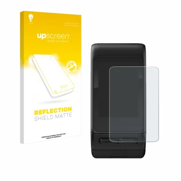 Face avant d’un emballage produit avec le logo de la marque upscreen. À côté, l’appareil Garmin vivoactive HR est représenté a