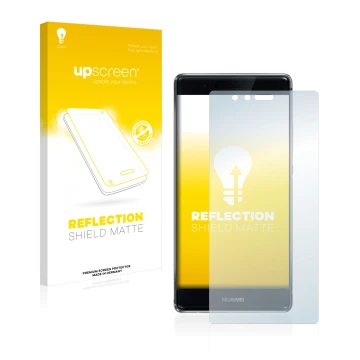 Face avant d’un emballage produit avec le logo de la marque upscreen. À côté, l’appareil Huawei P9 Plus est représenté avec la