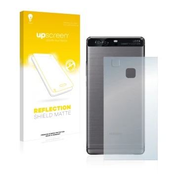 Face avant d’un emballage produit avec le logo de la marque upscreen. À côté, l’appareil Huawei P9 Plus (Arrière) est représen