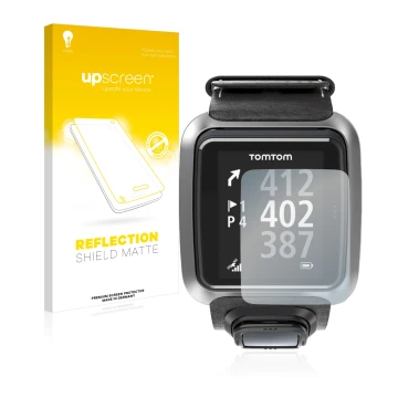 Face avant d’un emballage produit avec le logo de la marque upscreen. À côté, l’appareil TomTom Golfer 2 est représenté avec l