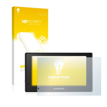 Face avant d’un emballage produit avec le logo de la marque upscreen. À côté, l’appareil Garmin DriveSmart 50 LMT-D est représ